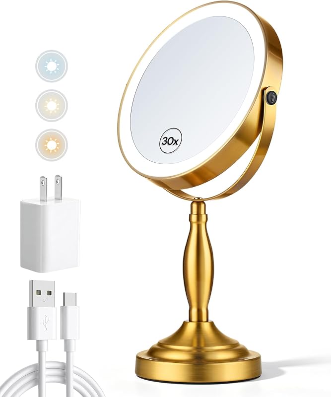 Espelho para maquiagem SANFANGIE com luzes, dupla face 1X/30X, 8 polegadas, acabamento dourado escovado