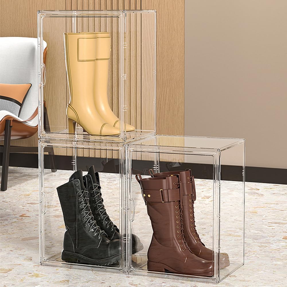 Lot de 4 Boite rangement empilables en acrylique, Boite acrylique pour sac à main, Vitrine acrylique transparente, Vitrine pour Rangement sac à main, livres, jouets, chaussures.