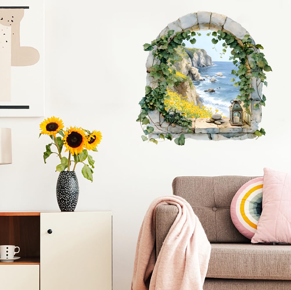 SUPERDANT Arched Window Wall Stickers Sea View Self Adhesive Wall Decals Patchwork Waterproof Peel and Stick Wallie Art for Home Living Room Bedroom Apartment Hotel 96x60cm