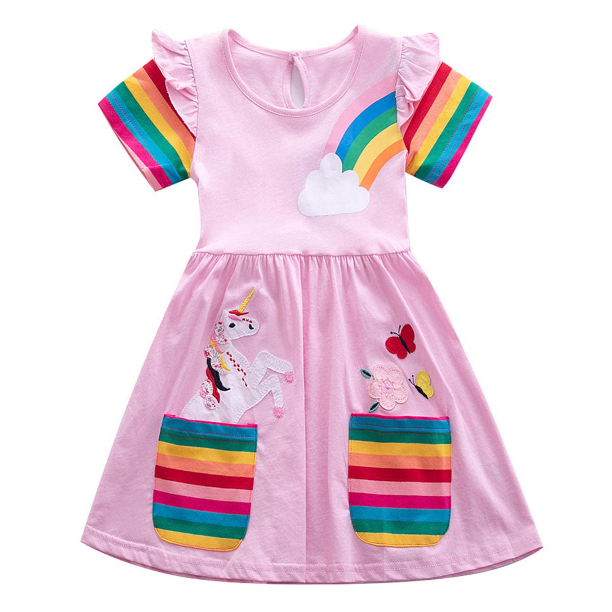 Kids Girls Summer Casual Unicorn Dresses Cotton Short Sleeve Crew Neck Dress 2-7 Years