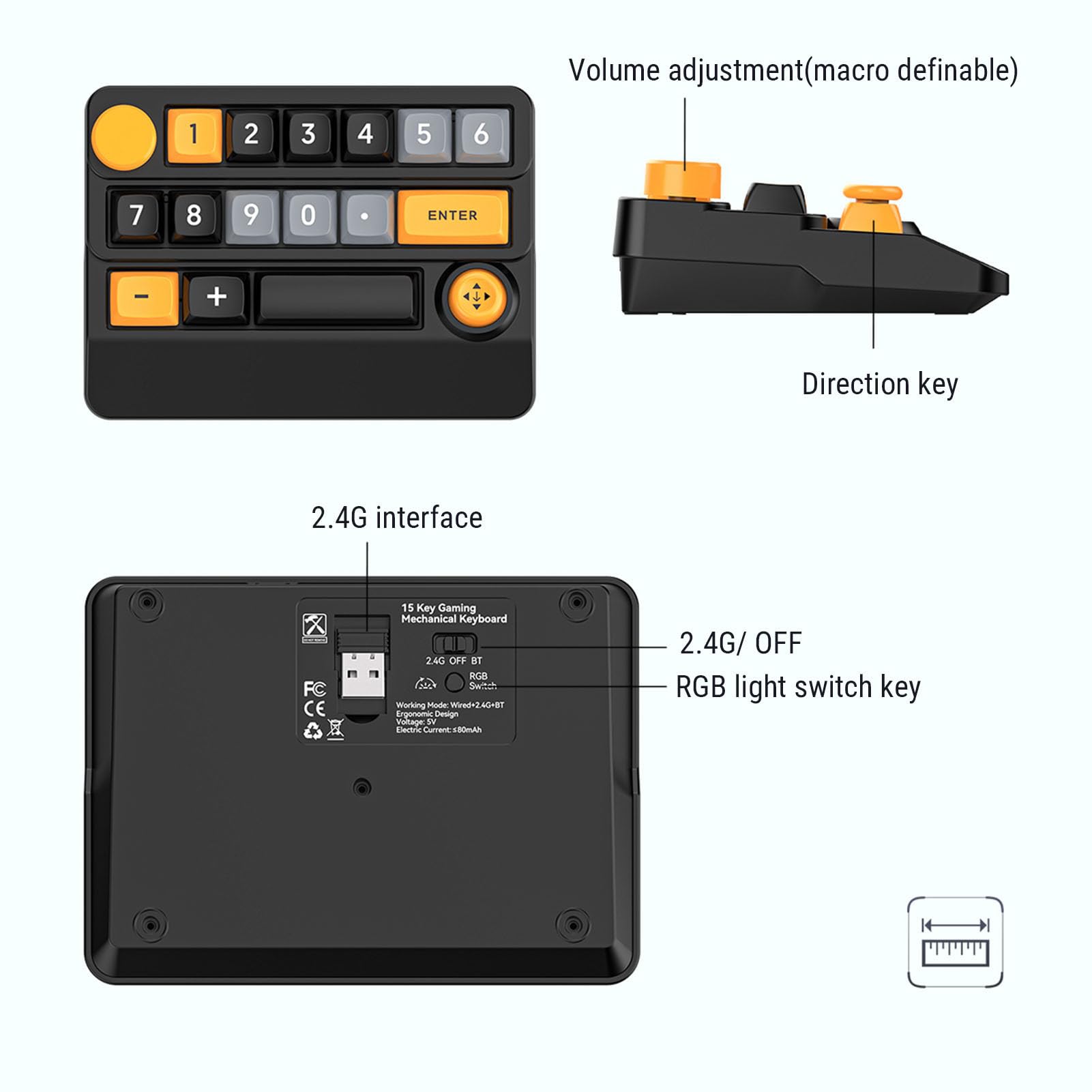 Cuifati Pavé Numérique Mécanique RVB sans Fil, Clavier Macro Programmable à 15 Touches Remplaçable à Chaud avec Bouton de Commande du Joystick du pavé Numérique, pour PC Portable IOS (Jaune Noir Bleu)