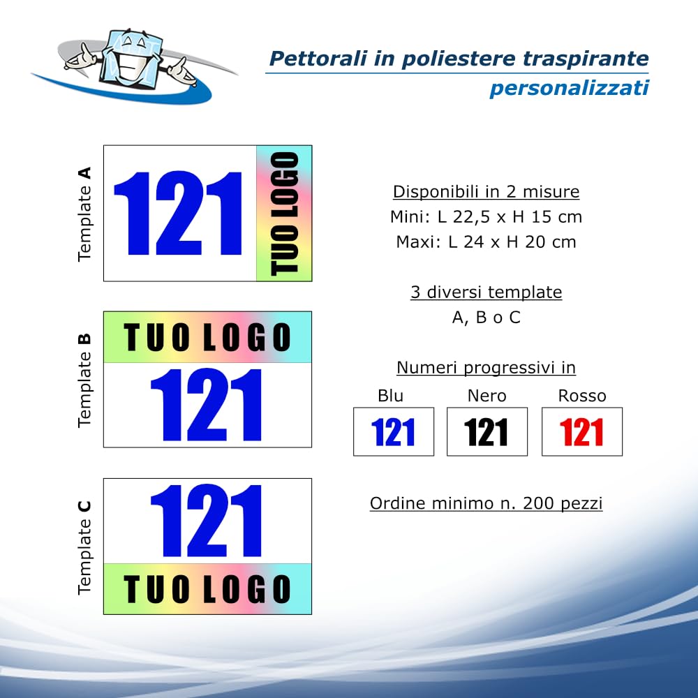 N. 200 Pettorali Personalizzati e con numerazione progressiva in Poliestere Traspirante per Eventi Sportivi - Pettorine con Numeri Gara Corsa Sci Maratone Ciclismo Motociclismo