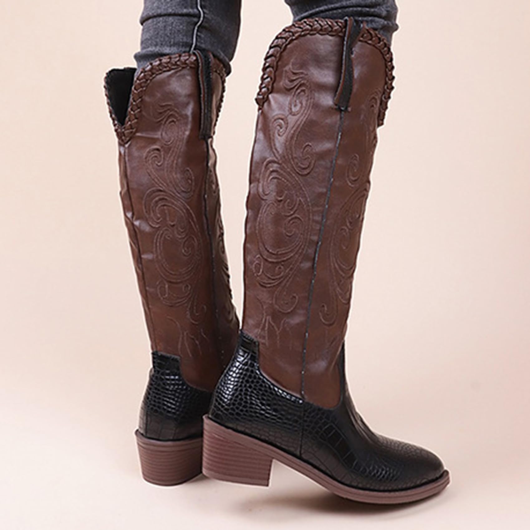 Stivali da Equitazione per Motociclista in Pelle da Donna, Stivali da Lavoro Classici Antiscivolo, Stivali Western Tradizionali Patchwork Ricamati per Il Turismo