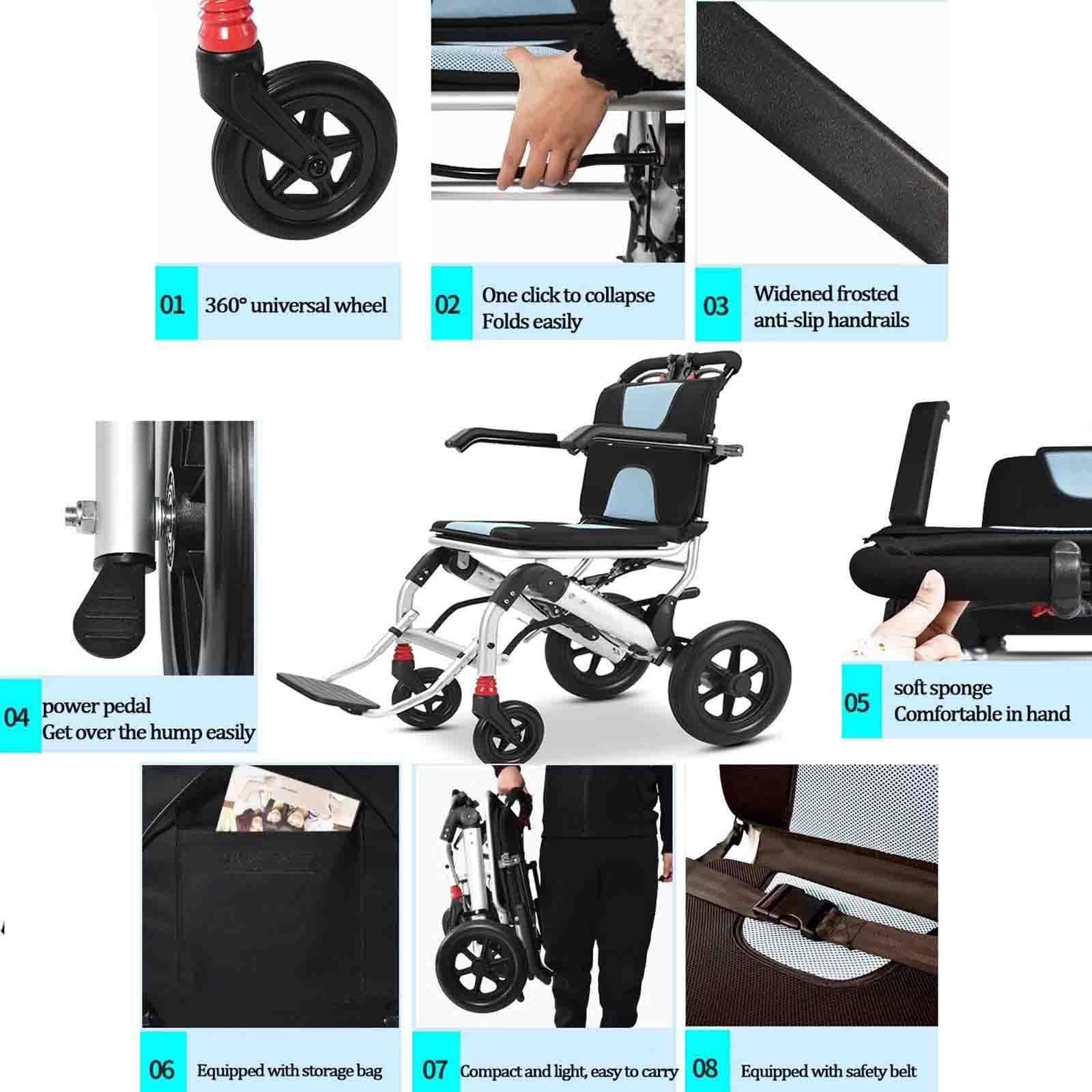 Silla de ruedas plegable y ligera for transporte, capacidad de 100 kg, estructura de aluminio de 11 kg, frenos con bloqueo, neumáticos macizos antipinchazos.