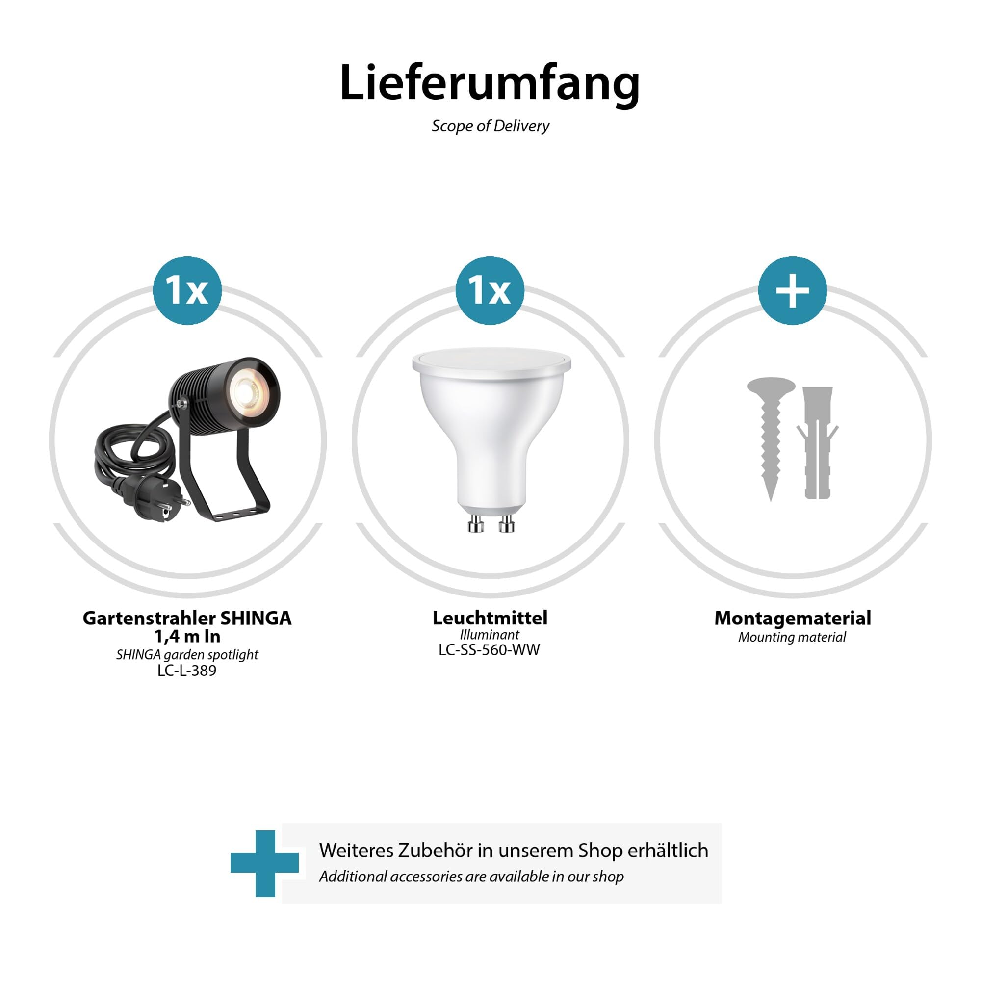 ledscom.de 4 faretti da giardino SHINGA per esterni, IP65, con spina, neri, con lampadina LED GU10 da 630 lm, bianco caldo