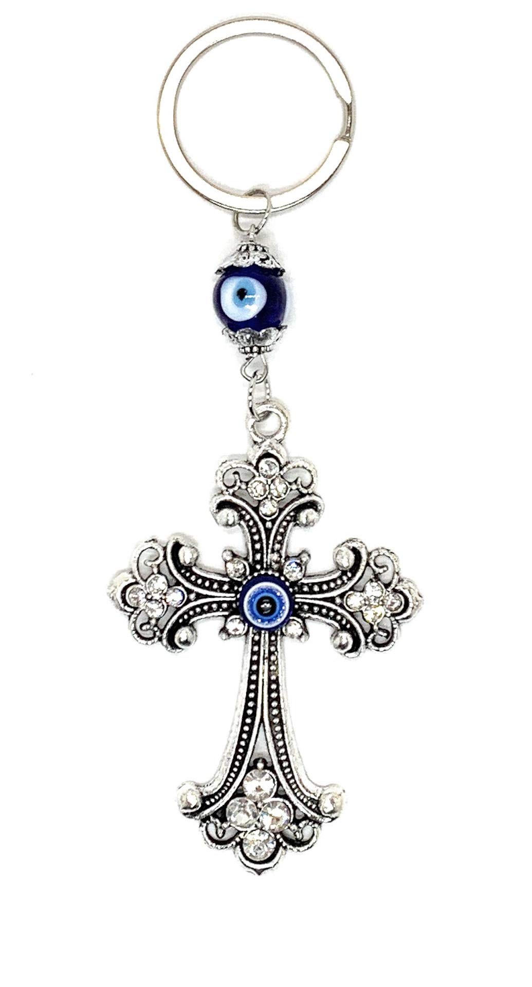 LUCKBOOSTIUM Evil Eye Cross Keychain Ring - Evil Eye Hanging Ornaments for Protection, Good Luck & Blessings - Decorative Spiritual Car Rear View Mirror Accessories, Purse, Home and Office Charm