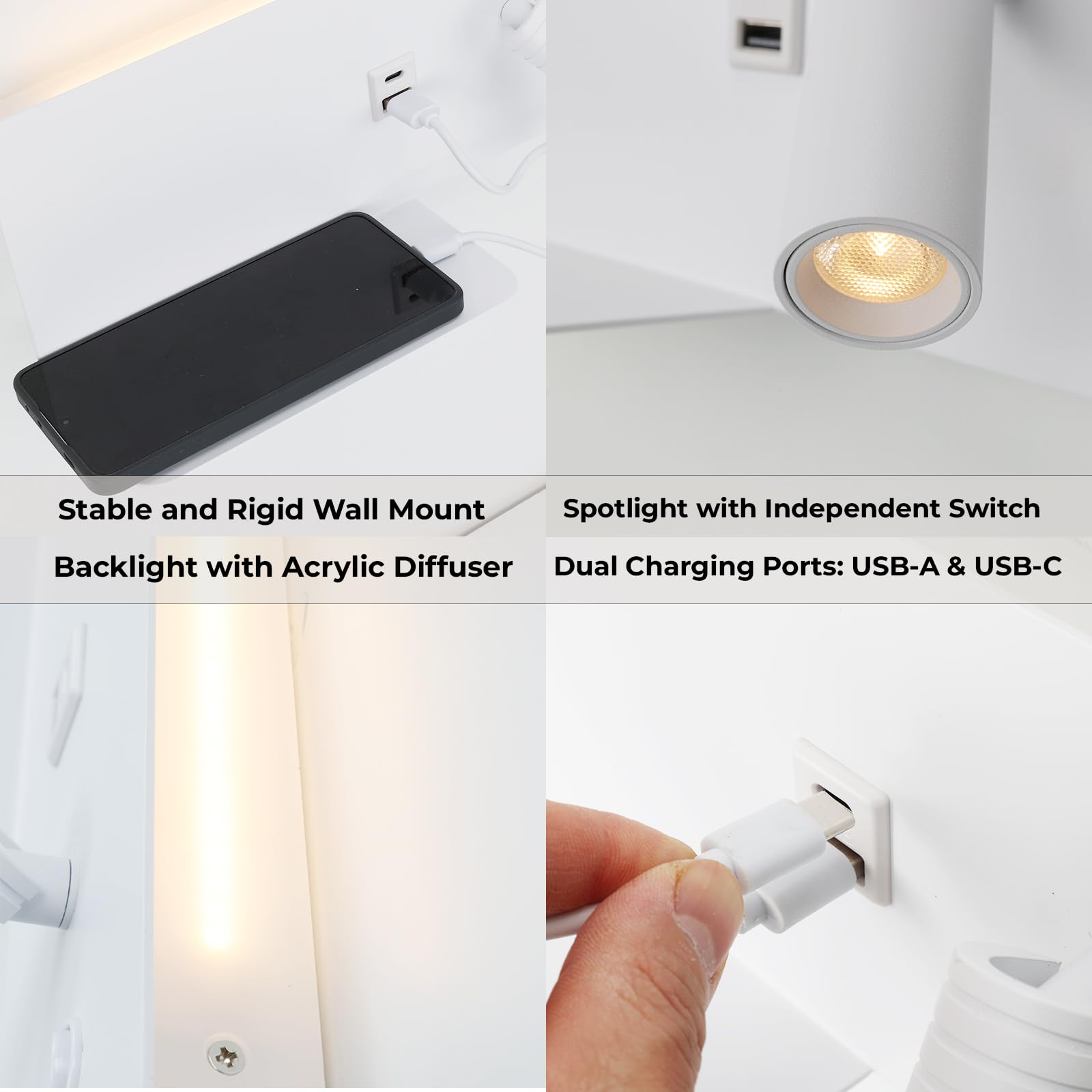 Alpinaluz Aplique de Pared LED Blanco con Foco Derecho Orientable para Dormitorio Cabecera, Luz Ambiental 2700K, Carga USB-C + USB-A, Repisa Metálica y Interruptores Independientes