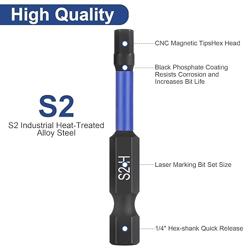 Miniatura 3 de Juego de 20 brocas Allen de cabeza hexagonal de impacto, juego de brocas hexagonales de acero S2, vástago hexagonal de 14 pulgadas con magnetismo,