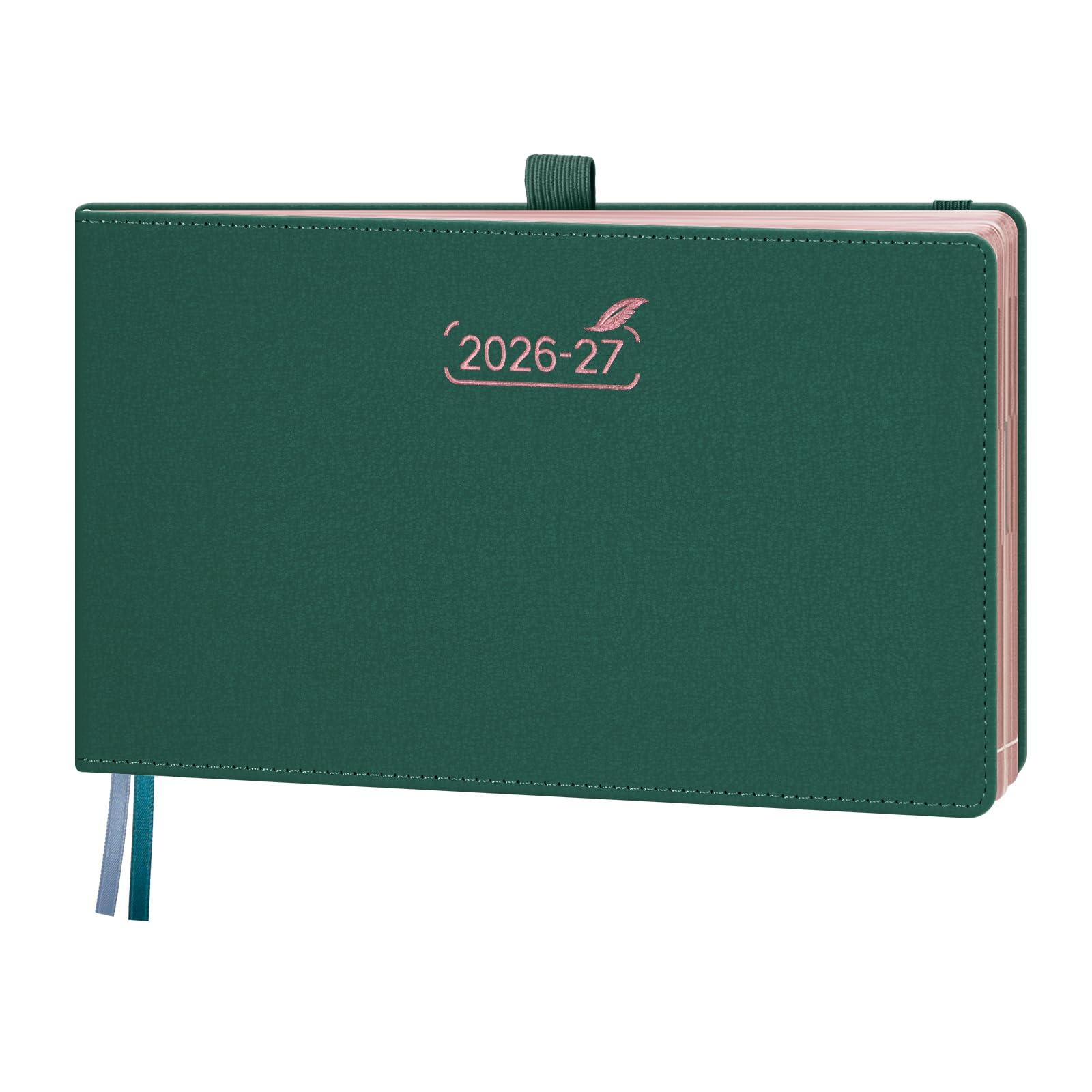 BEZEND Diary 2026-2027 Landscape Week to View (Jul 26-Dec 27) Medium 14 x 23 cm. Appointment Diary with Hourly Timeslots & Gilded Edges, Work Home Women, PU Leather Hardback, Evergreen