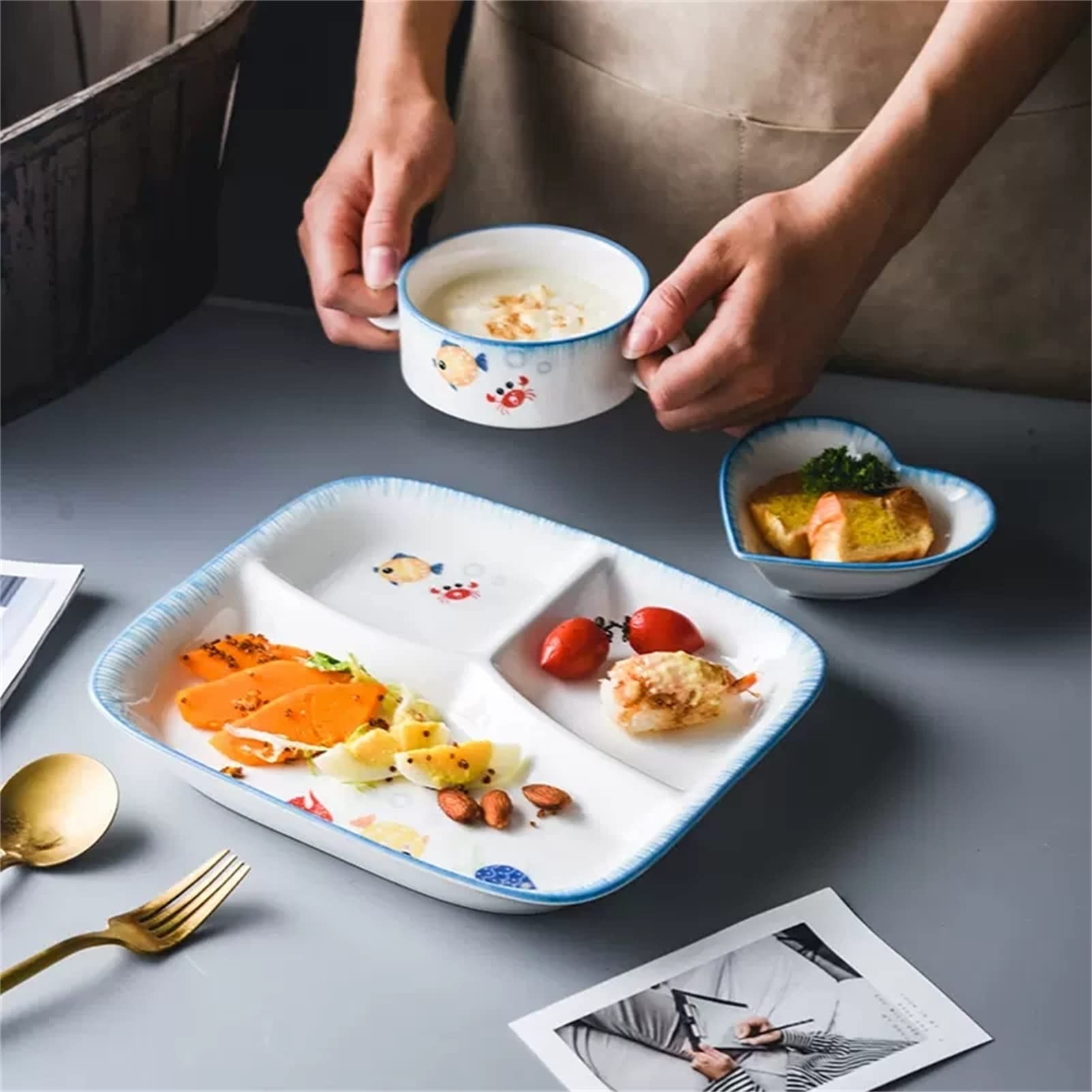 Fodalob Stoviglie per la Gestione del Peso - 3 Pezzi stoviglie di Grandi ceramiche per Adulti, Piatti di Pesce divisi e Set di Ciotole, Micro-Onda e lavastoviglie, Ottimo Regalo per Il Compleanno