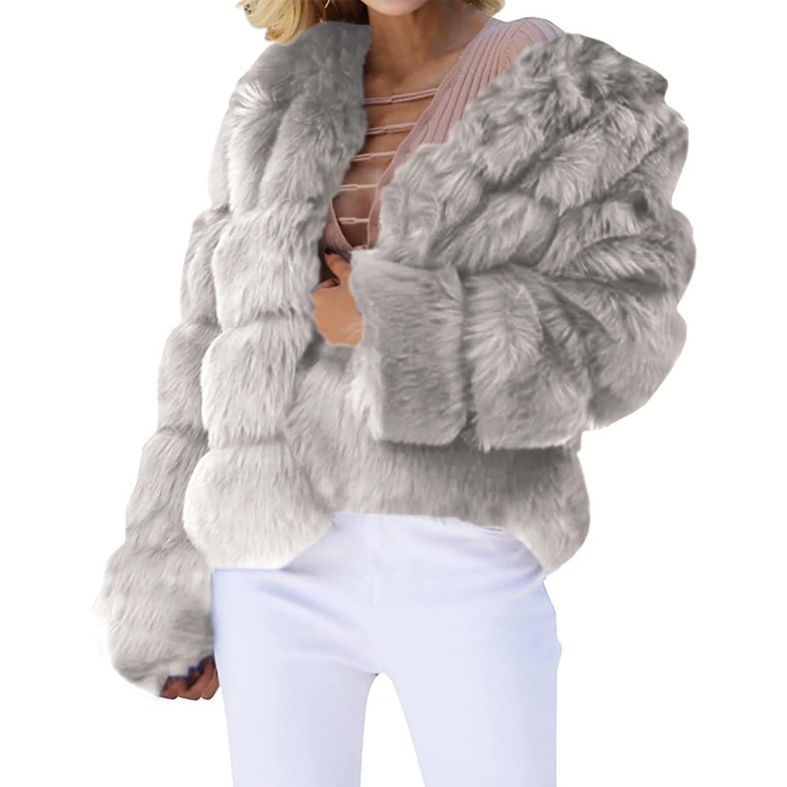 Veste en fourrure synthétique pour femme - Veste courte en fausse fourrure - Veste d'hiver pour femme - Couleur unie - Épaisse - Manteau d'hiver ample en fausse fourrure - Manteau d'extérieur - S-5XL
