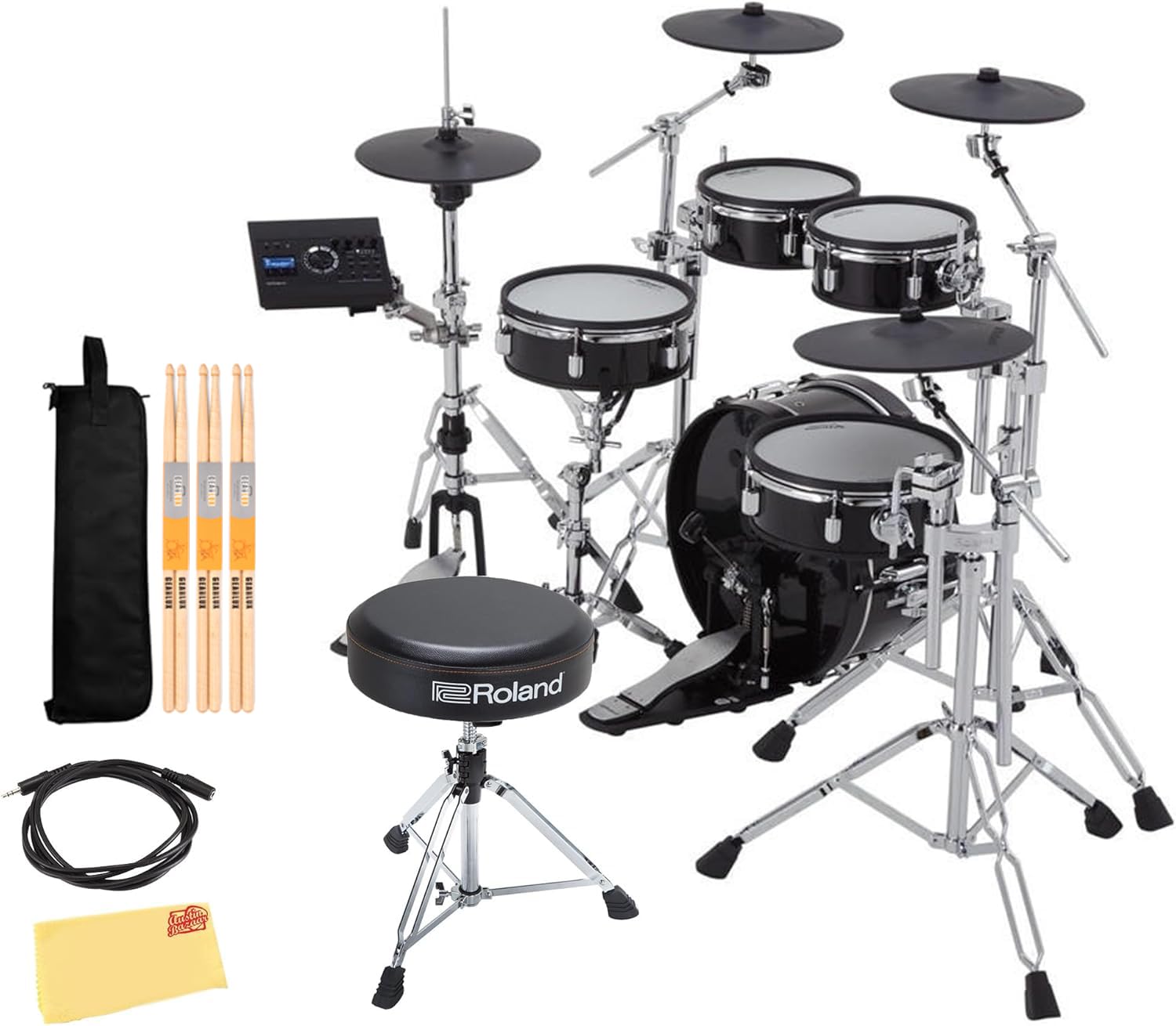 Roland VAD307 V-Drums Acoustic Design Electronic Drum Set Bundle with Drum Throne, Audio Cable, Drumstick Bag, 3 Pairs of Drumsticks and Austin Bazaar Polishing Cloth