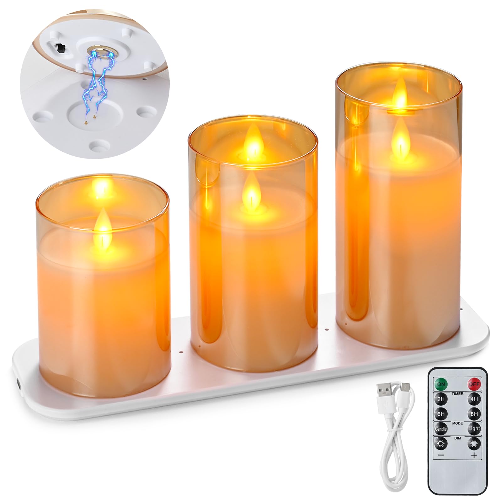 LTETTES Rechargeable Led Glass Pillar Flameless Real Unscented Wax Candles|Premium Tinted Amber Glass|Remote Controller,USB Type C Wireless Charding Pad for Home Decor Set of 3(H-4",5",6" X D-3")-image-6