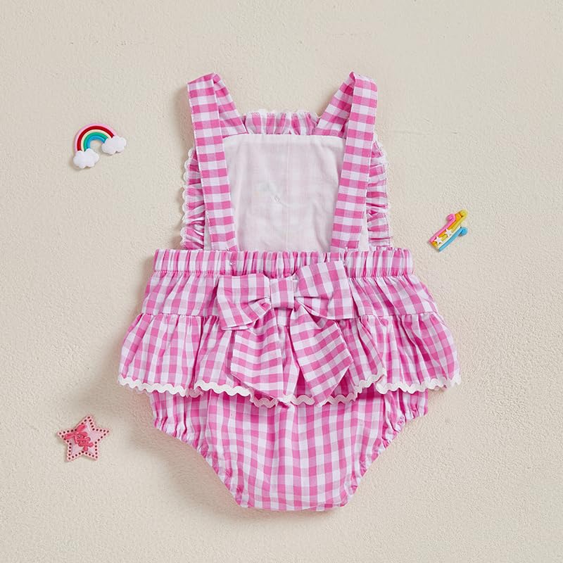 Newborn Baby Girl Clothes Gingham Goose Lace Bow Ruffle Romper Sleeveless Backless Bodysuit Infant Farm Outfit4