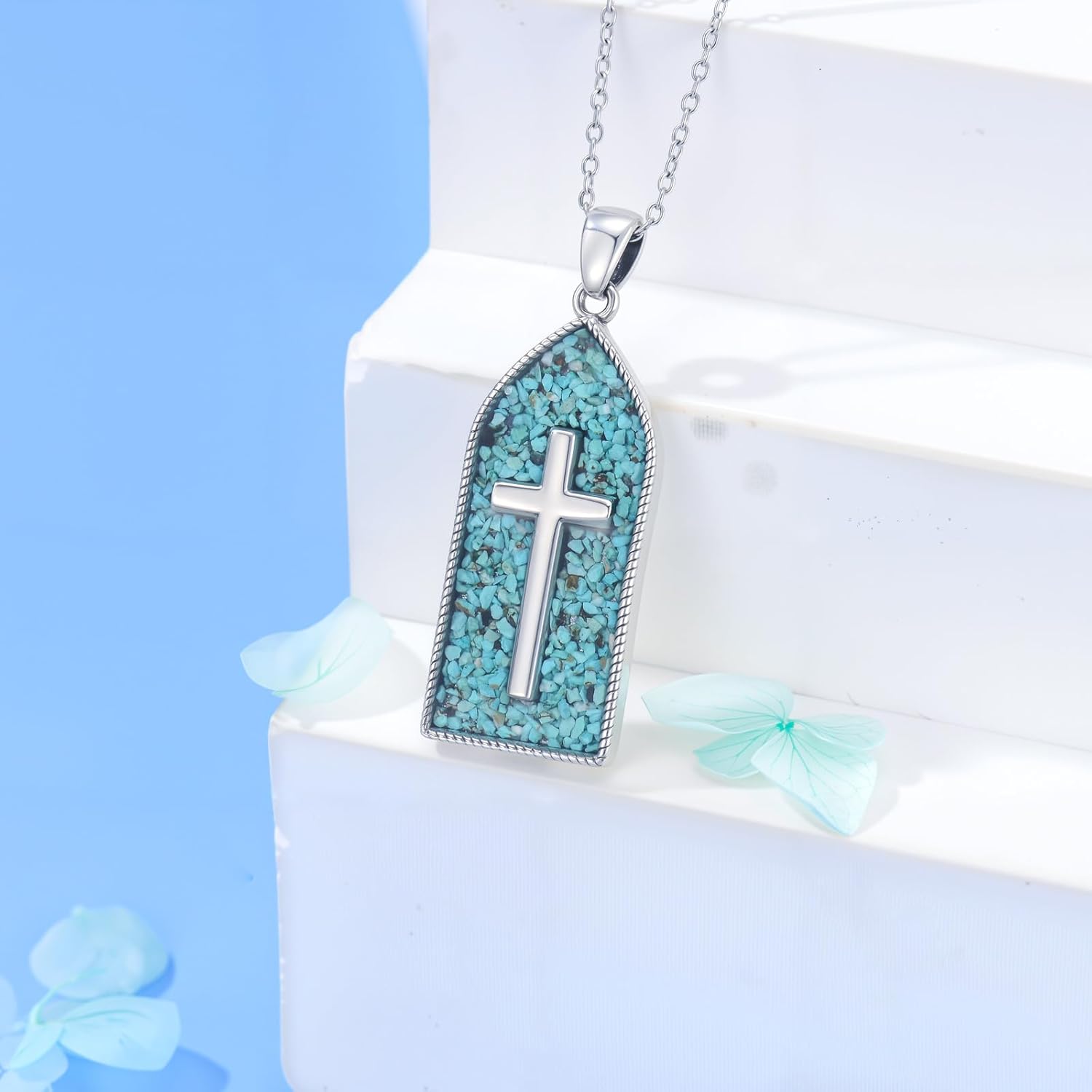 Real Turquoise Cross Necklace for Women 925 Sterling Silver Raw Turquoise Cross Pendant Religious Jewelry Gifts for Birthday - Image 3