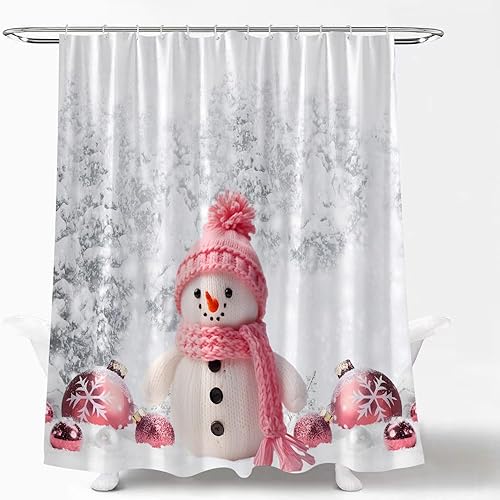 Miniatura 2 de Cortina de ducha con diseño de muñeco de nieve de invierno, diseño de muñeco de nieve rosa, bola de Navidad, copo de nieve, bosque nevado, Feliz