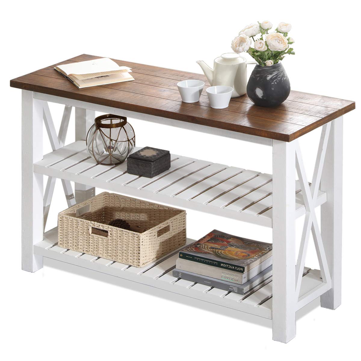 FurniChoi Console Table, Farmhouse Sofa Table for Living Room, Hallway Entryway Table with Storage Shelf, White and Brown