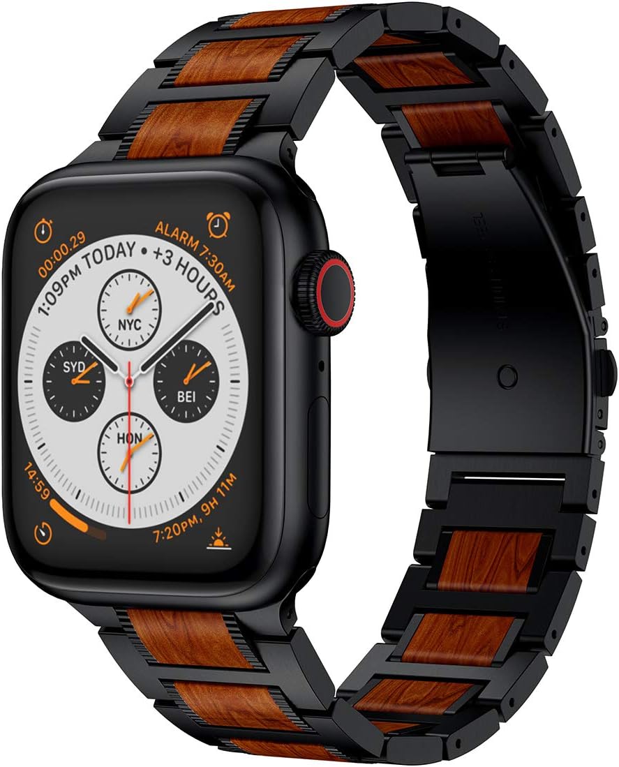 LDFAS Compatible for Apple Watch Band 45mm 44mm 42mm, Natural Wood Red Sandalwood Stainless Steel Metal Strap for iWatch Bands Compatible for Apple Watch SE, Apple Watch Series 7/6/5/4/3 Black 49MM/45MM/44MM/42MM
