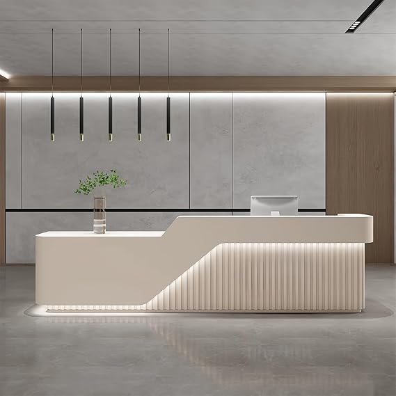 L Shape Reception Desk - Modern Front Desk with Counter and Hidden LED Light, No Assembly Required, Solid Wood Retail Counter- Perfect for Office, Checkout Counter & Retail Counter Use