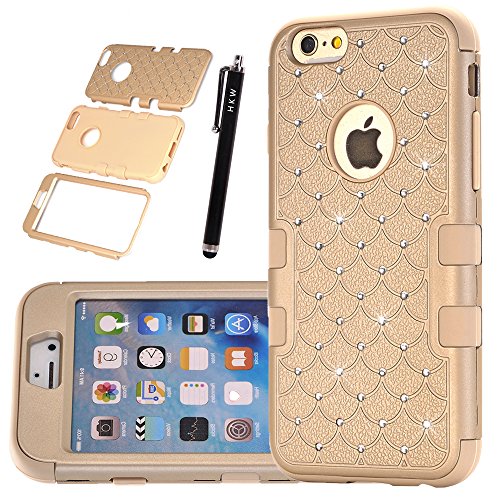 iPhone 6S Bling Case,iPhone 6 Bling Case,HKW (TM) Bling Rhinestone 3 in 1 Armor Defender Shockproof Back Case Protective Cover for Apple iPhone 6,6S 4.7 inch Diamond Case (Gold) (MA1841)