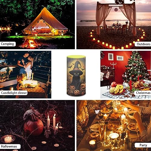 Image of Flickering Flameless LED Battery Powered Pillar Candles Tealight with 18-Key Timer Remote with Colorful Light Safe for Indoor Outdoor Halloween Party Decorations, Black Cat Withch Pumpkin