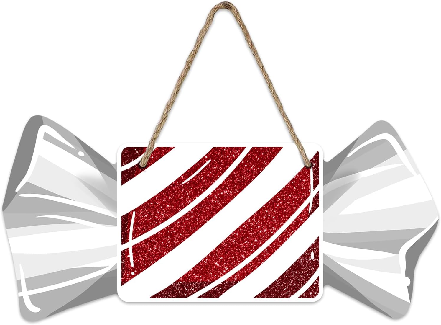 Bolisom Christmas Red Square Peppermint Candy Front Door Sign, Xmas Glitter Grey Wrapper Wood Hanger Outdoor Outside Porch Home Decor, Winter Holiday Wooden Wreath Indoor Wall Hanging Decoration
