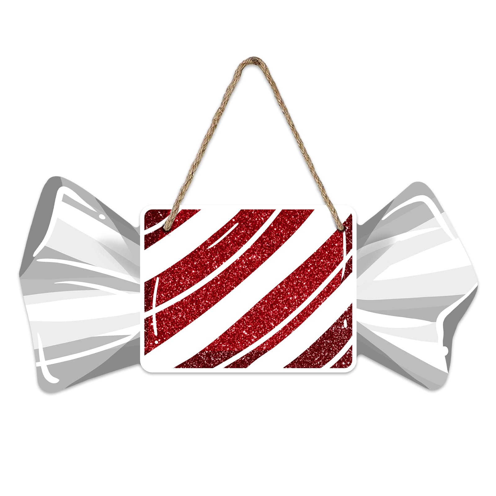 Bolisom Christmas Red Square Peppermint Candy Front Door Sign, Xmas Glitter Grey Wrapper Wood Hanger Outdoor Outside Porch Home Decor, Winter Holiday Wooden Wreath Indoor Wall Hanging Decoration