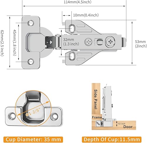Miniatura 7 de Paquete de 20 bisagras ocultas de cierre suave, hueco de puerta pequeña, placa de clip, puerta de marco facial, bisagra 3D oculta de níquel satinado