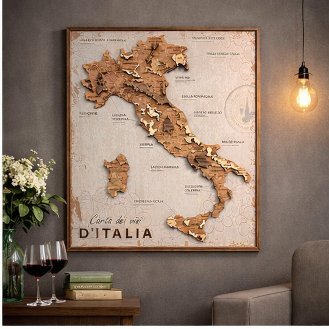 CREATIFWOOD Quadro Carta dei Vini d’Italia su Pannello in Legno – 58 x 65 cm – Mappa delle Regioni Vinicole Italiane – Idea Regalo per Amanti del Vino
