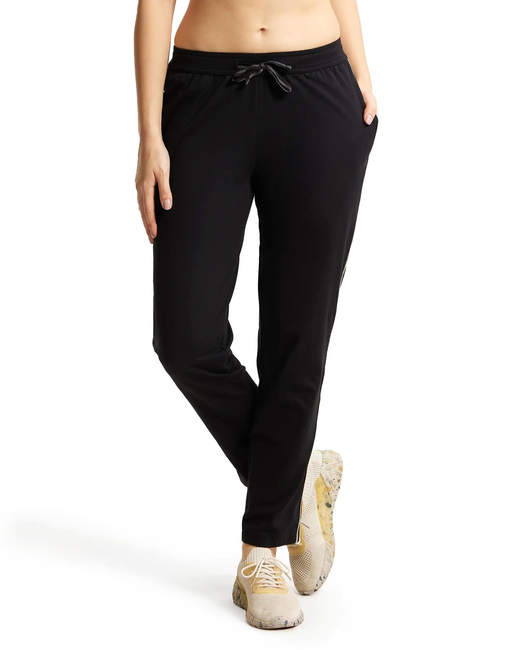 Jockey 1305 Women's Super Combed Cotton Rich Relaxed Fit Mid Rise Trackpants with Contrast Side Piping and Pockets