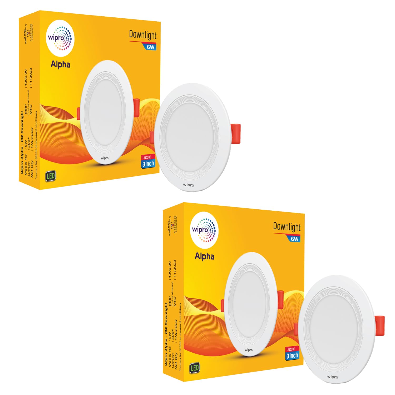 wipro Acrylonitrile Butadiene Styrene 6W Alpha Downlight for Junction Box | Warm White (2700K) |3 inch Cutout, 22mm Height| Surge Protection Upto 350 VA | High Voltage Protection Upto 4KV | Pack of 2