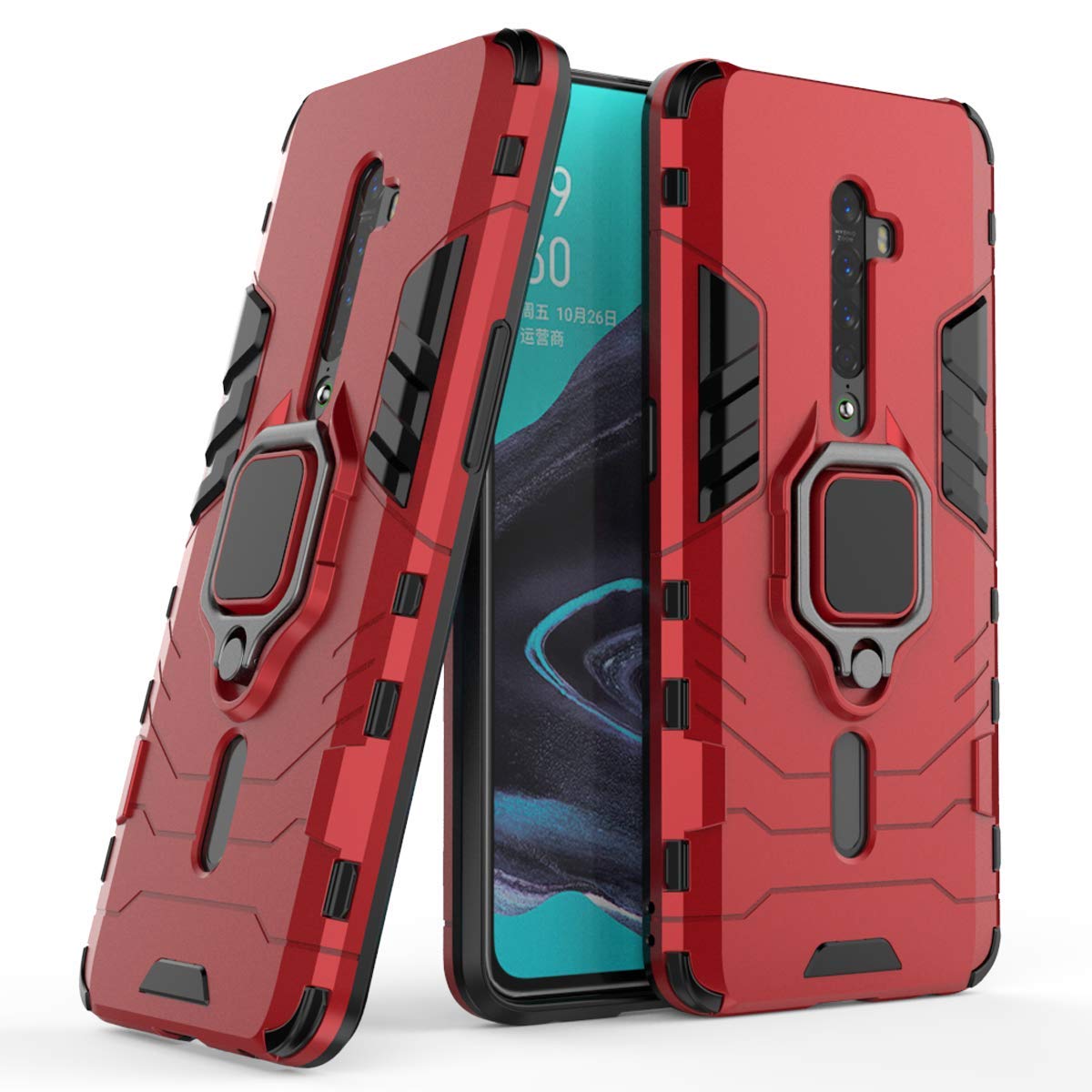 OPPO Reno2 Case, Heavy Duty Armor Dual Layer Shock Resistant Hybrid Protective Case Cover with Ring Holder Kickstand for OPPO Reno 2. HB Red