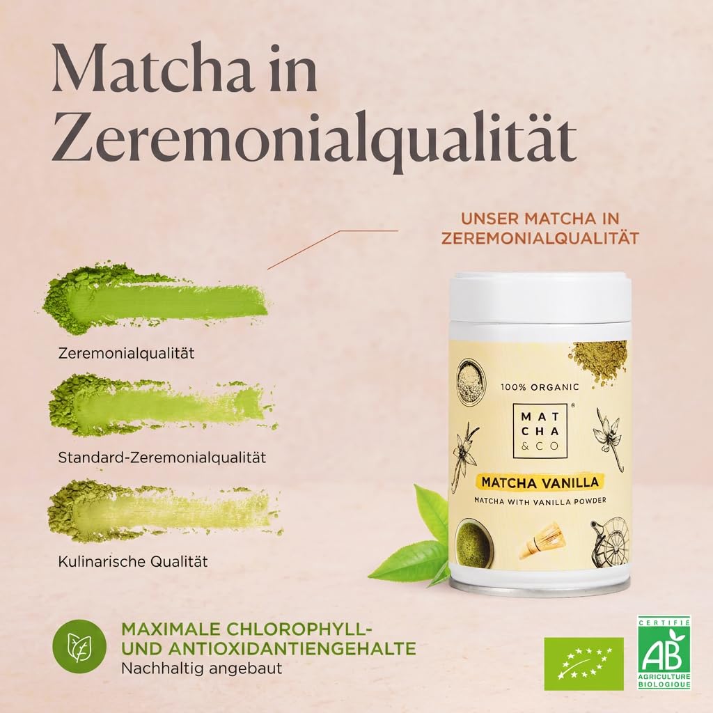 Matcha Vanille Tee. Matcha in Zeremonienqualität aus Uji, Japan. 80 g Bio-Grünteepulver. Vanillegeschmack.