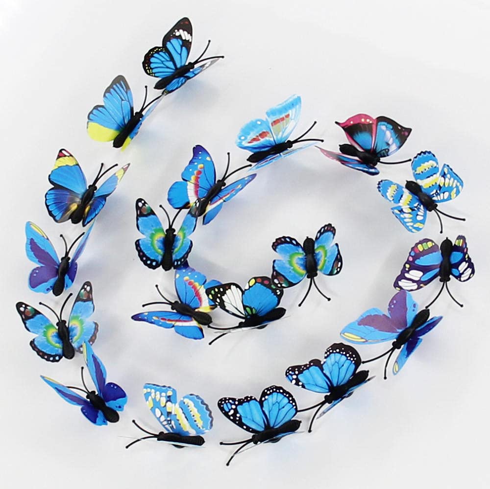 Stickers muraux en plastique PVC, papillon bleu pour décoration murale de maison, 100 pièces
