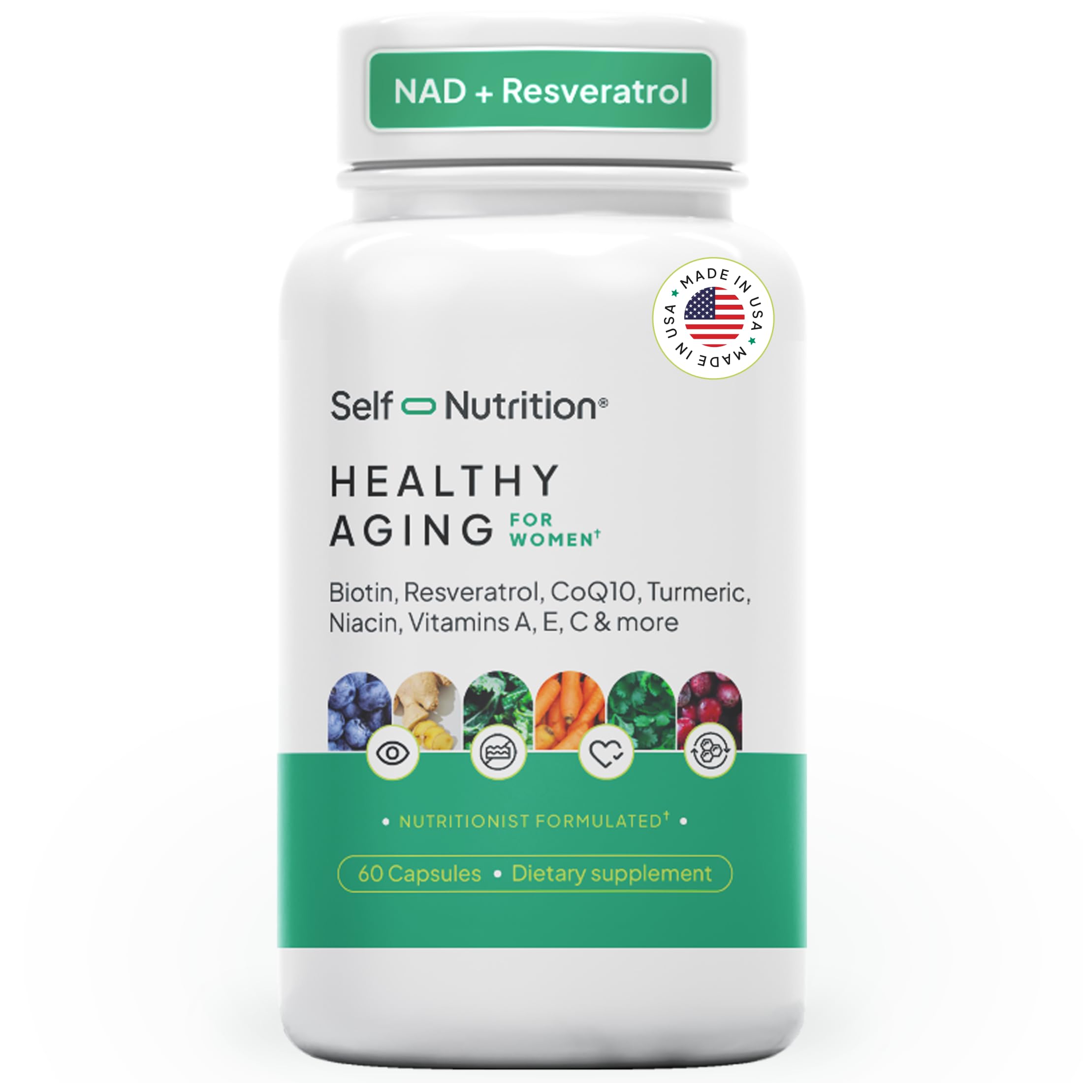 SELF NUTRITION NAD+ Resveratrol Supplement for Women – Healthy Aging Formula with CoQ10, Biotin, Turmeric & Vitamins A, C, E – Supports Energy, Skin & Longevity – 60 Capsules. Made in USA.