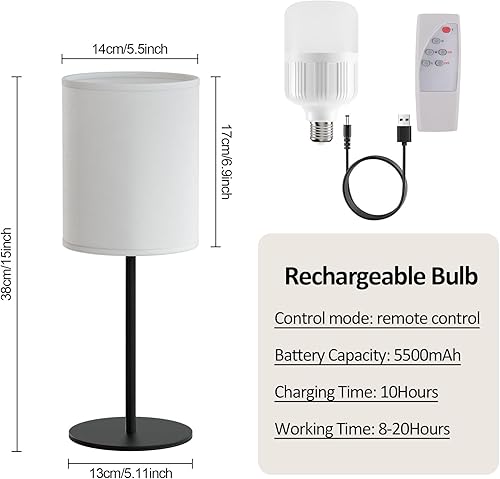 Miniatura 4 de HT404 - Lámpara de mesa inalámbrica para dormitorio, lámpara de noche LED recargable portátil, lámpara de mesa de lino blanco regulable con control