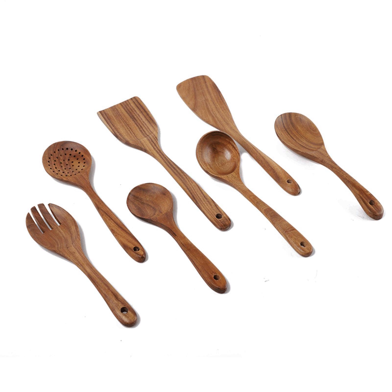Cucharas de madera antiadherentes – Juego de utensilios de cocina de madera | Juego de utensilios de cocina de madera natural, bordes lisos, antiadherentes, espátula, espátula, volteador, ensalada