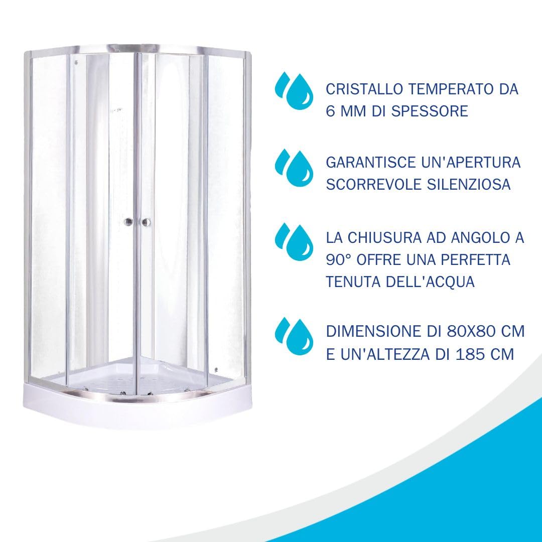 Box Doccia 80x80 cm in Cristallo Semicircolare Due Porte Rubino- Elegante e Funzionale, in Cristallo Temperato con Telaio in Alluminio Cromato, Apertura Scorrevole e Profilo di Compensazione
