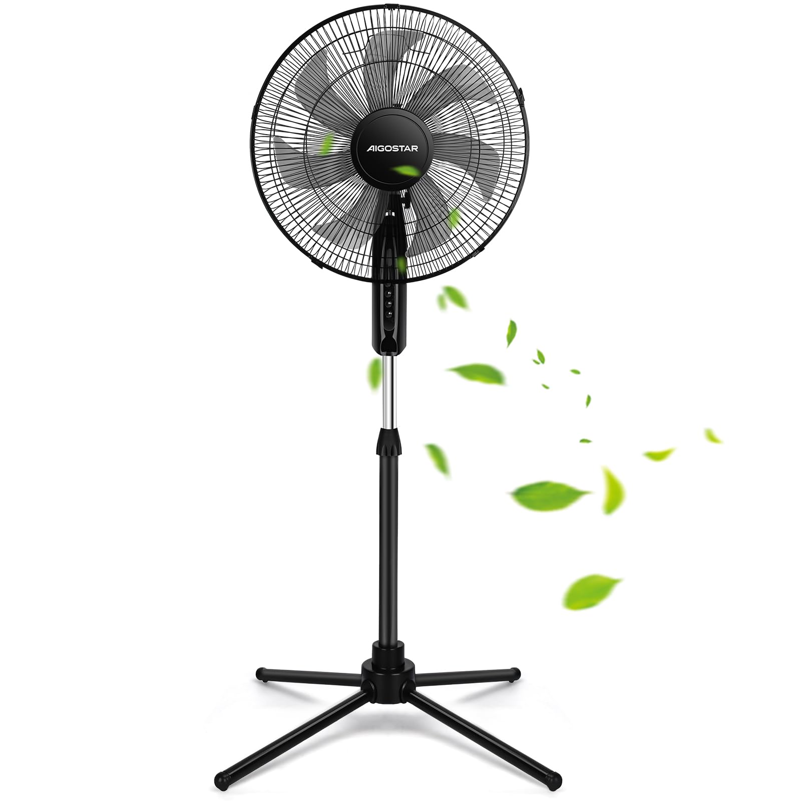 Aigostar Ventilateur sur pied, 7 Pales, 3 Vitesses, Puissant, Silencieux et Stable, 50W, Grille Sécurisée, VDE, Noir