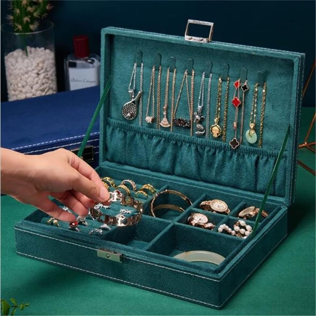 Green Velvet Double-layers Portable Multi-functional Necklace Bracelet Jewelry Boxes Fashion Earring Holder Organizer