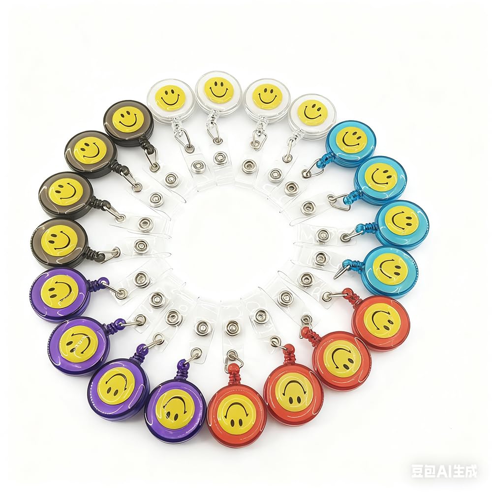 20 Pack Retractable Badge Holder, Smiley Face ID Badge Metal Reel Clip for Nurse Name Tag Card Nursing Doctor Teacher Student Work Office (Mixed-20pack)