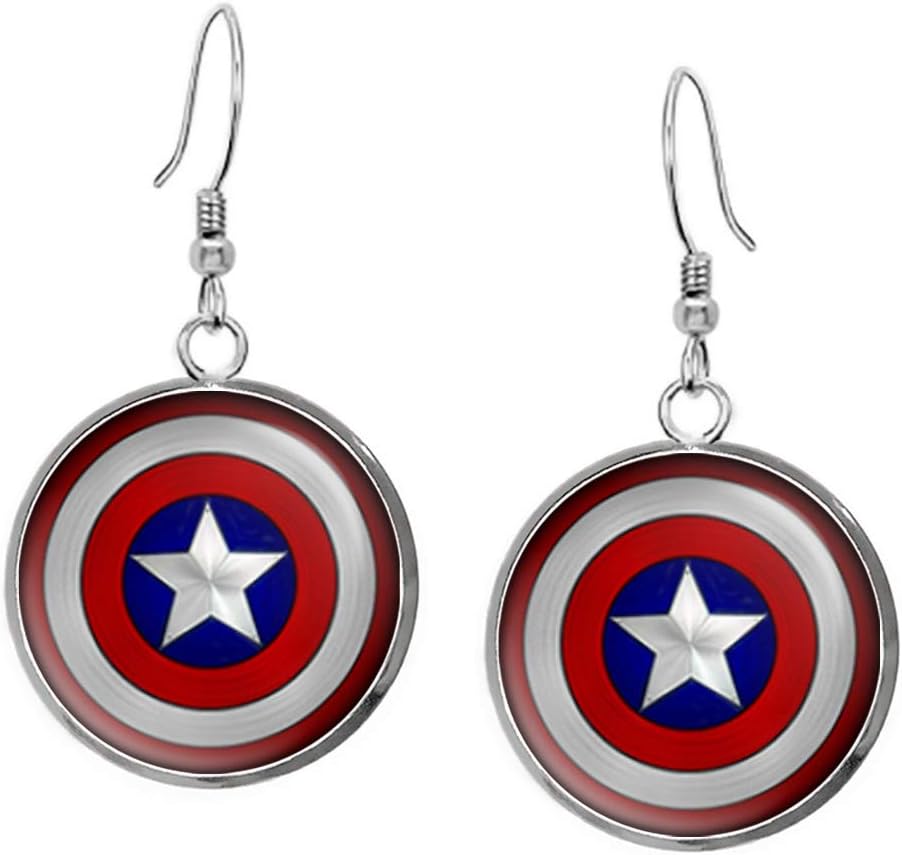 Wearable Treasures Captain America Necklace, The Avengers Jewelry, Shield Pendant, Superhero Earrings Gifts Nerdy Gift, Geek Geeky Present Nerd Presents