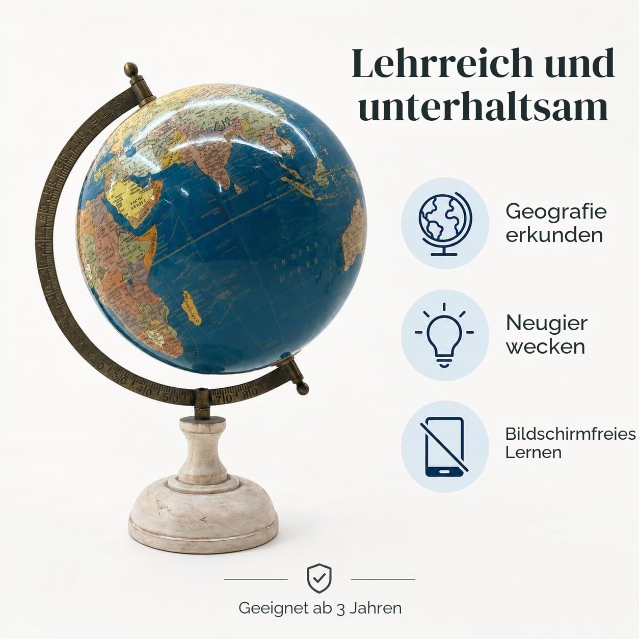 EXERZ 20cm Antiker Globus, Englische Karte, Ozeanblau mit Holzsockel (20 cm)