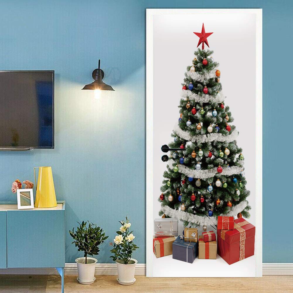 Sticker de porte sapin de Noël trompe l'œil 88x200 pour salon festif