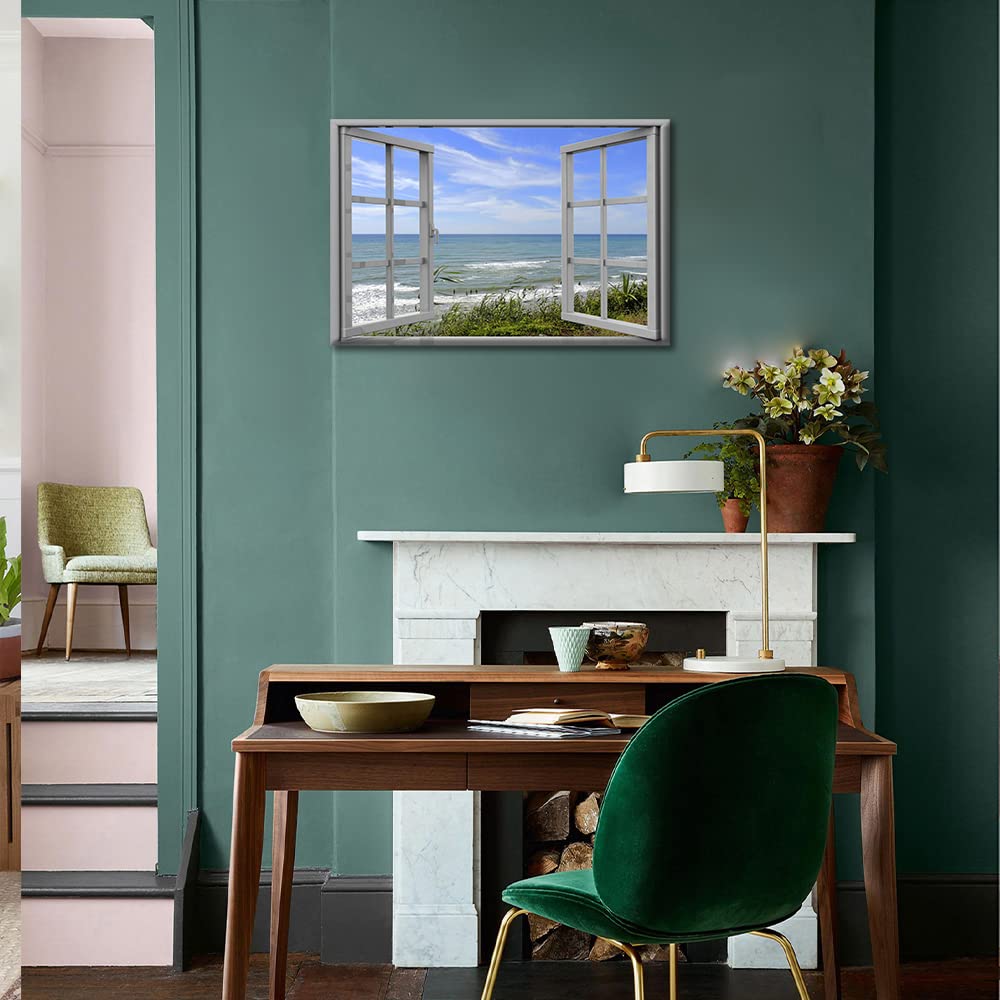 TISHIRON Canvas Wall Art 3D Window View Summertime Art Beach Seaside Picture for Home Office Bathroom Bedroom Stretched Giclee Framed Print Ready to Hang 12x18inch - Image 4