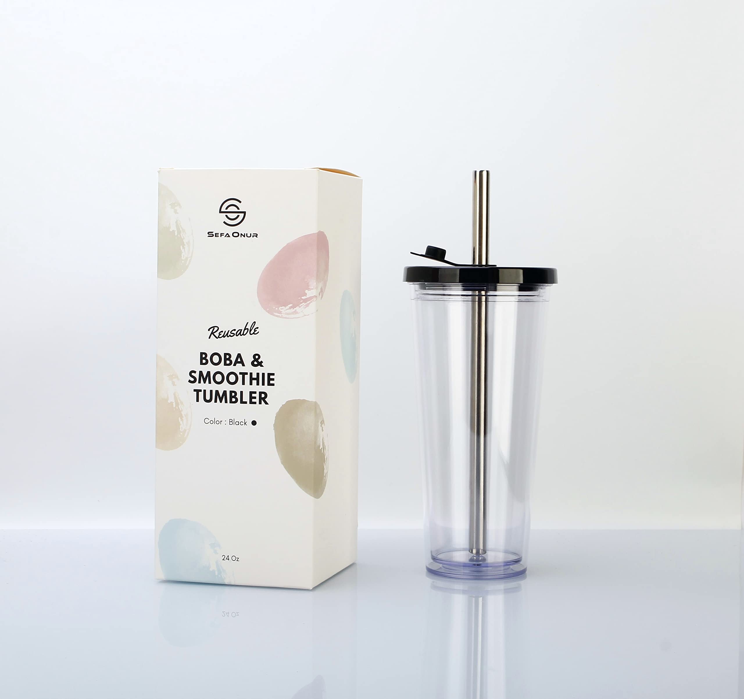 24 Oz Reusable Boba Cup, Bubble Tea Cup, Double Wall Insulated, Boba