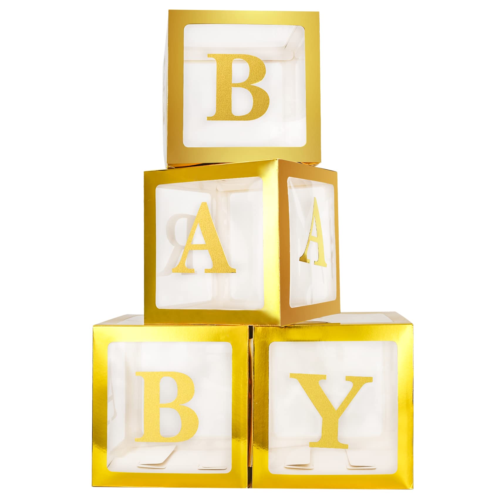 JOYYPOP Baby Boxes with 42pcs Letters(A-Z+BABY) for Baby Shower, Transparent Balloon Boxes Blocks for Gender Reveal, Bridal Shower, Birthday Party Decorations (Gold)