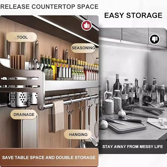 Wall Mounted Spice Rack Hanging Pot Rack Kitchen Rack Storage Shelf With Hooks Kitchen Pots Pans Organizer Shelf 2 Installation Way Easy Assembly (Size : 70cm)