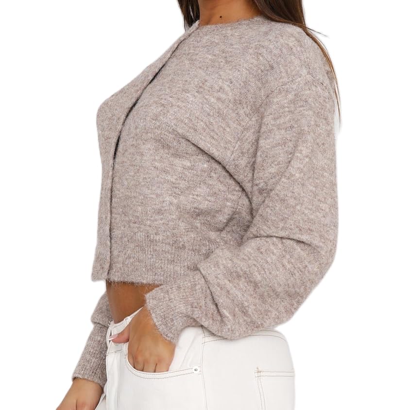 Image of Women Knit Cropped Cardigan Tops Long Sleeve Button Down Lightweight Bolero Sweater Tops