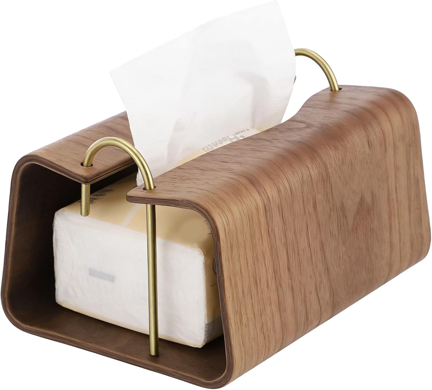Wooden Tissue Box with Metal U-Shaped Clamps, Decorative Wood Tissue Holder Cover with Open Side Design, Artistic Countertop Napkin Holder for Dining Table Living Room Bedroom Office